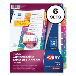 Avery® Customizable TOC Ready Index Multicolor Dividers, 10-Tab, Letter, 6 Sets (AVE11188)