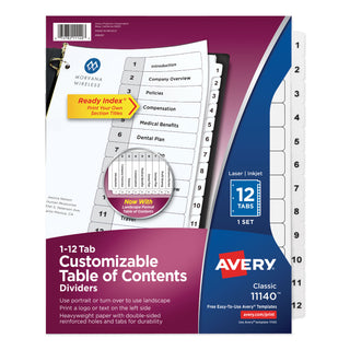 Avery® Customizable TOC Ready Index Black and White Dividers, 12-Tab, Letter (AVE11140)