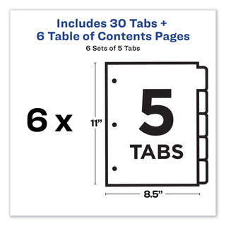 Avery® Customizable TOC Ready Index Multicolor Dividers, 5-Tab, Letter, 6 Sets (AVE11187)