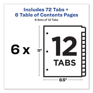 Avery® Customizable TOC Ready Index Multicolor Dividers, 12-Tab, Letter, 6 Sets (AVE11196)