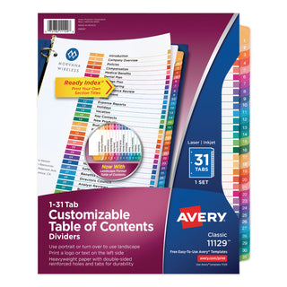 Avery® Customizable TOC Ready Index Multicolor Dividers, 31-Tab, Letter (AVE11129)
