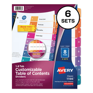 Avery® Customizable TOC Ready Index Multicolor Dividers, 8-Tab, Letter, 6 Sets (AVE11186)
