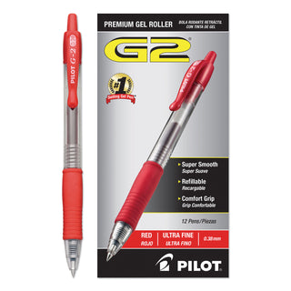Pilot® G2 Premium Retractable Gel Pen, Ultra-Fine 0.38mm, Red Ink, Clear/Red Barrel (PIL31279)