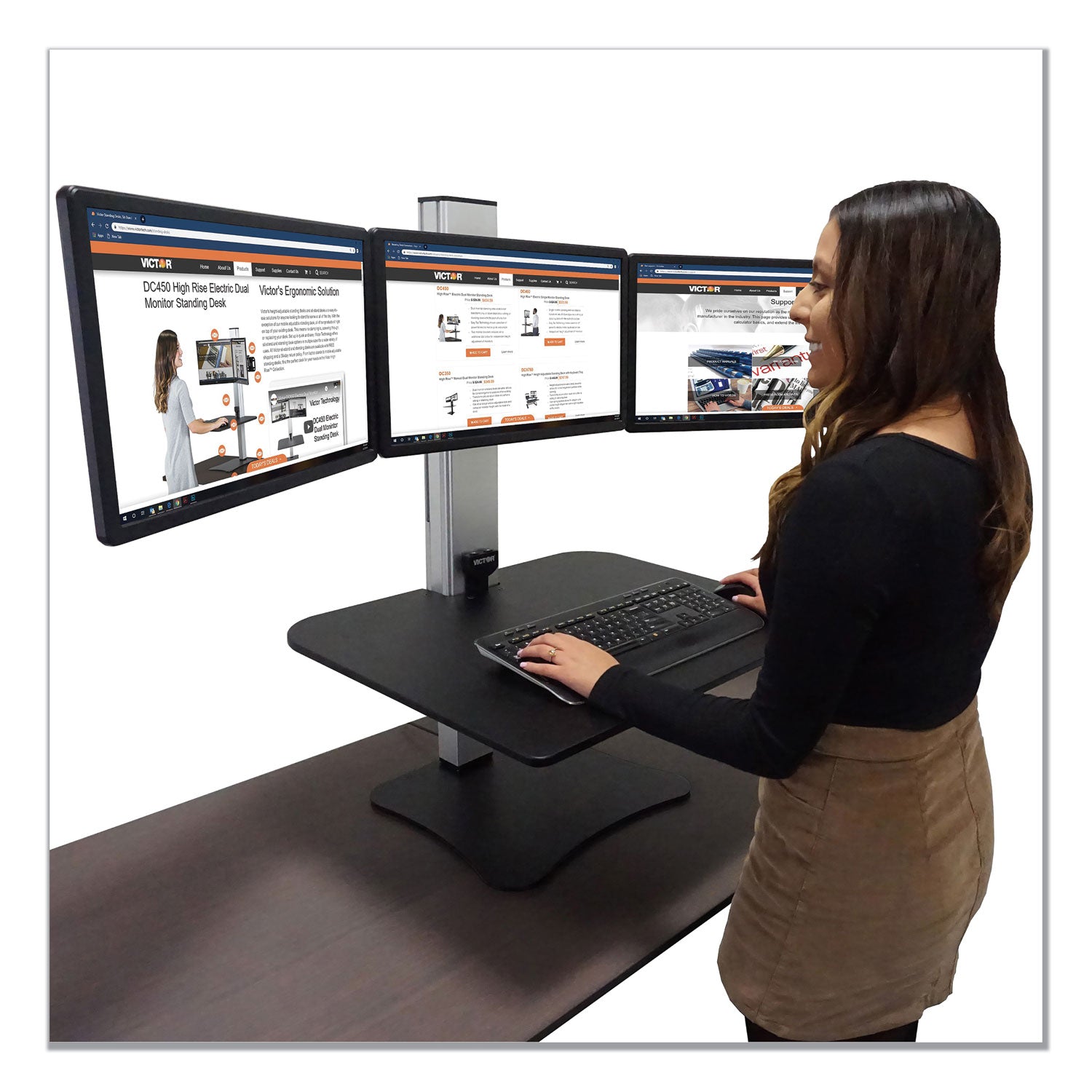High Rise Electric Triple Monitor Standing Desk Workstation, 28 x 23 x 20, Black/Aluminum, Ships in 1-3 Business Days