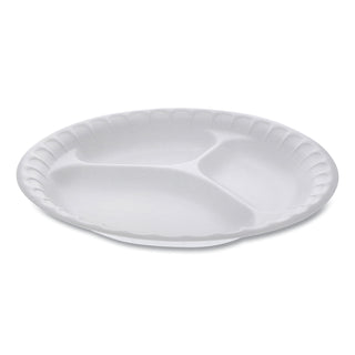 Pactiv Evergreen Unlaminated Foam Dinnerware, 3-Compartment Plate, 9" Diameter, White, 500/Carton (PCT0TH10011)