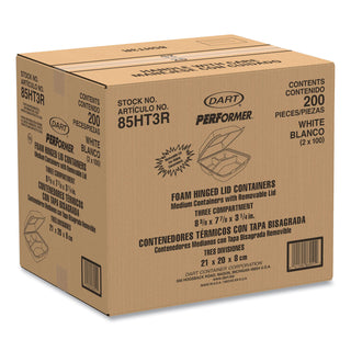 Dart® Foam Container, Hinged Lid, 3-Comp, 8 3/8 x 7 7/8 x 3 1/4, 200/Carton (DRC85HT3R)