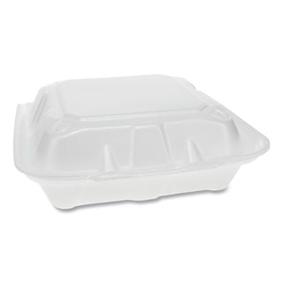 Pactiv Evergreen Foam Hinged Lid Containers, Dual Tab Lock, 8.42 x 8.15 x 3, 3-Compartment, White, 150/Carton (PCTYTD188030000)
