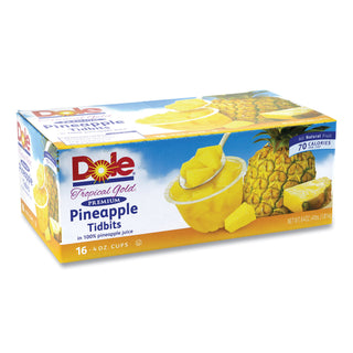 Dole® Tropical Gold Premium Pineapple Tidbits, 4 oz Bowls, 16 Bowls/Carton (GRR22000474)