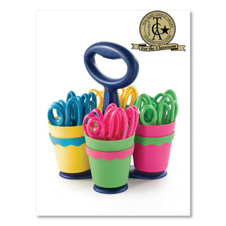 Westcott® Scissor Caddy with Kids' Scissors, 5" Long, 2" Cut Length, Light Blue; Light Green; Pink; Yellow, Straight Handles, 24/Set (ACM14755)
