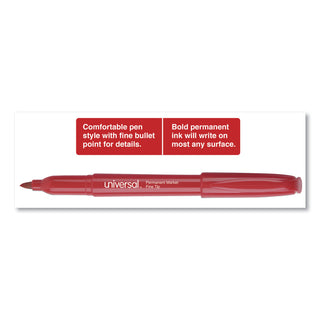 Universal® Pen-Style Permanent Marker, Fine Bullet Tip, Red, Dozen (UNV07072)