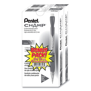 Pentel® Champ Mechanical Pencil, 0.5 mm, HB (#2.5), Black Lead, Translucent Black Barrel, 24/Pack (PENAL15ASW2)