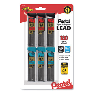 Pentel® Super Hi-Polymer Lead Refill Value Pack, 0.5 mm; 0.7 mm, HB, Black, 30/Tube, 6 Tubes/Pack (PENC257BPHB6)