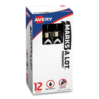 Avery® MARKS A LOT Large Desk-Style Permanent Marker with Metal Pocket Clip, Broad Bullet Tip, Black, Dozen (AVE24878)