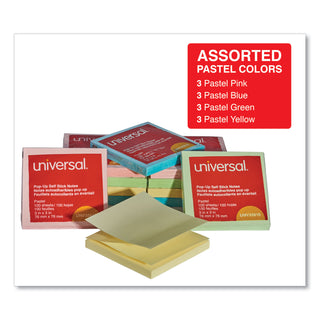 Universal® Fan-Folded Self-Stick Pop-Up Note Pads, 3" x 3", Assorted Pastel Colors, 100 Sheets/Pad, 12 Pads/Pack (UNV35619)