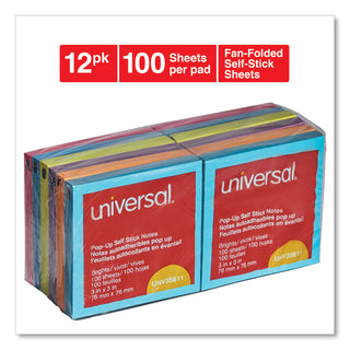 Universal® Fan-Folded Self-Stick Pop-Up Note Pads, 3" x 3", Assorted Bright Colors, 100 Sheets/Pad, 12 Pads/Pack (UNV35611)