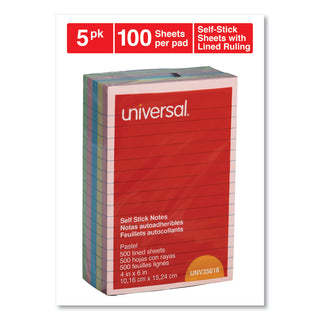 Universal® Self-Stick Note Pads, Note Ruled, 4" x 6", Assorted Pastel Colors, 100 Sheets/Pad, 5 Pads/Pack (UNV35616)