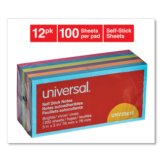 Universal® Self-Stick Note Pads, 3" x 3", Assorted Bright Colors, 100 Sheets/Pad, 12 Pads/Pack (UNV35610)