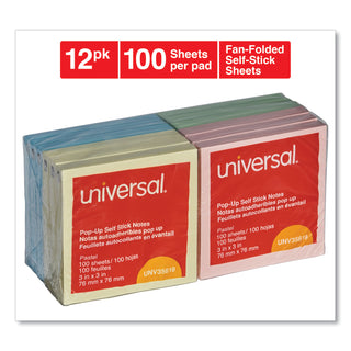 Universal® Fan-Folded Self-Stick Pop-Up Note Pads, 3" x 3", Assorted Pastel Colors, 100 Sheets/Pad, 12 Pads/Pack (UNV35619)