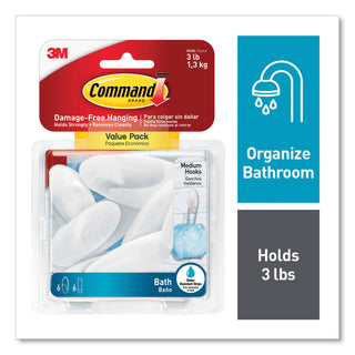 Command™ Medium Bath Hooks Value Pack, Plastic, White, 3 lb Capacity, 6 Hooks and 6 Strips (MMMBATH186ES)