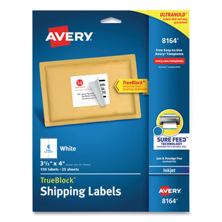 Avery® Shipping Labels w/ TrueBlock Technology, Inkjet Printers, 3.33 x 4, White, 6/Sheet, 25 Sheets/Pack (AVE08164)