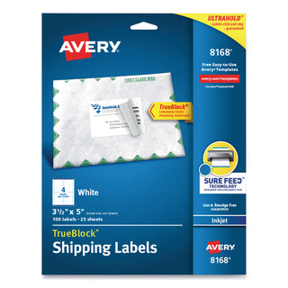 Avery® Shipping Labels w/ TrueBlock Technology, Inkjet Printers, 3.5 x 5, White, 4/Sheet, 25 Sheets/Pack (AVE8168)