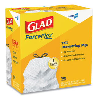 Glad® ForceFlex Tall Kitchen Drawstring Trash Bags - 13 gal - 24" x 27 3/8" - .95 mil - 100/Box - White (CLO78526BX)