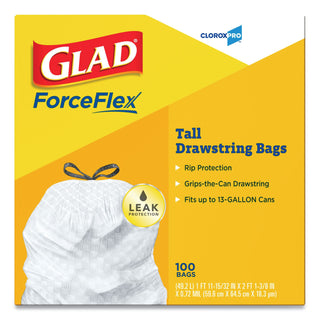 Glad® ForceFlex Tall Kitchen Drawstring Trash Bags - 13 gal - 24" x 27 3/8" - .95 mil - 100/Box - White (CLO78526BX)