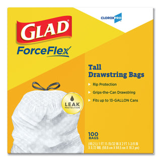 Glad® ForceFlex Tall Kitchen Drawstring Trash Bags, 13 gal, 24" x 27 3/8", .95 mil, 100/Box, White (CLO78526)