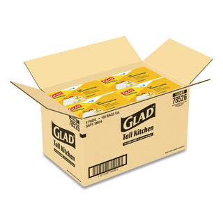 Glad® ForceFlex Tall Kitchen Drawstring Trash Bags, 13 gal, 24" x 27 3/8", .95 mil, 100/Box, White (CLO78526)