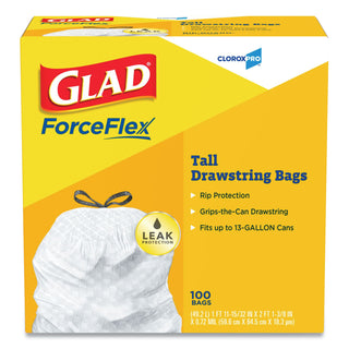 Glad® ForceFlex Tall Kitchen Drawstring Trash Bags - 13 gal - 24" x 27 3/8" - .95 mil - 100/Box - White (CLO78526BX)