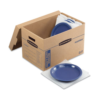 Bankers Box® SmoothMove Kitchen Moving Kit with Dividers + Foam, Half Slotted Container (HSC), Medium, 12.25" x 18.5" x 12", Brown/Blue (FEL7710302)