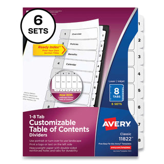 Avery® Customizable Table of Contents Ready Index Black and White Dividers, 8-Tab, 1 to 8, 11 x 8.5, 6 Sets (AVE24401355)