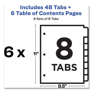 Avery® Customizable Table of Contents Ready Index Black and White Dividers, 8-Tab, 1 to 8, 11 x 8.5, 6 Sets (AVE24401355)