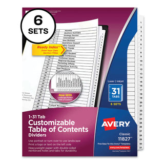 Avery® Customizable Table of Contents Ready Index Black and White Dividers, 31-Tab, 1 to 31, 11 x 8.5, 6 Sets (AVE11827)