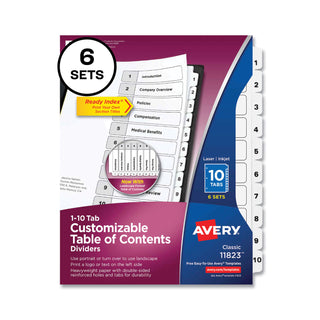 Avery® Customizable Table of Contents Ready Index Black and White Dividers, 10-Tab, 1 to 10, 11 x 8.5, 6 Sets (AVE11823)