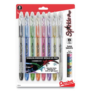 Pentel® Sparkle Pop Metallic Gel Pen, Stick, Bold 1 mm, Assorted Ink Colors, Clear Barrel, 8/Pack (PENK91BPS8M)