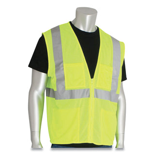 PIP ANSI Class 2 Four Pocket Zipper Safety Vest, Polyester Mesh, Hi-Viz Lime Yellow, Large (PID302MVGZ4PLYL)