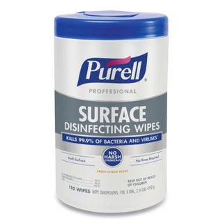 PURELL® Professional Surface Disinfecting Wipes, 7 x 8, Fresh Citrus, 110/Canister, 6 Canister/Carton (GOJ934206CT)
