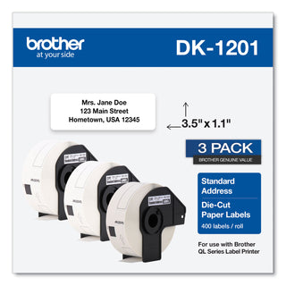 Brother Die-Cut Address Labels, 1.1 x 3.5, White, 400/Roll, 3 Rolls/Pack (BRTDK12013PK)