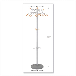 Alba™ Wavy Coat Tree, Six Hangers/Two Knobs/Four Hooks, 18.88w x 14d x 68.5h, Silver Steel/Wood (ABAPMWAVE)