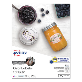 Avery® White Dissolvable Labels w/ Sure Feed, 1 1/2 x 2 1/2, Oval, White, 90/PK (AVE4223)