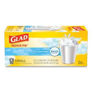 Glad® OdorShield Quick-Tie Small Trash Bags, 4 gal, 0.5 mil, 8" x 18", White, 156/Carton (CLO78812)