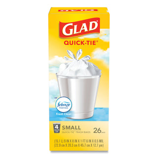 Glad® OdorShield Quick-Tie Small Trash Bags, 4 gal, 0.5 mil, 8" x 18", White, 156/Carton (CLO78812)
