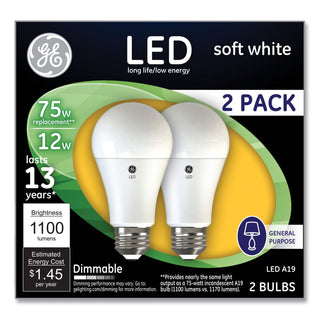 GE 75W LED Bulbs, 12 W, A19 Bulb, Soft White, 2/Pack (GEL93127324)