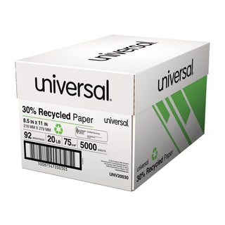 Universal® 30% Recycled Copy Paper, 92 Bright, 20 lb Bond Weight, 8.5 x 11, White, 500 Sheets/Ream, 5 Reams/Carton (UNV200305)
