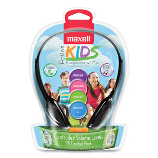 Maxell® Kids Safe Headphones with Inline Microphone, Black with Interchangeable Caps in Pink/Blue/Silver (MAX195004)