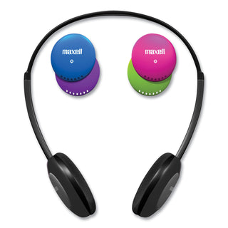 Maxell® Kids Safe Headphones with Inline Microphone, Black with Interchangeable Caps in Pink/Blue/Silver (MAX195004)
