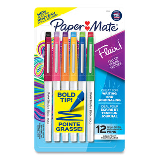 Papermate® Flair Felt Tip Porous Point Pen, Stick, Bold 1.2 mm, Assorted Ink Colors, White Pearl Barrel, 12/Pack (PAP2125414)