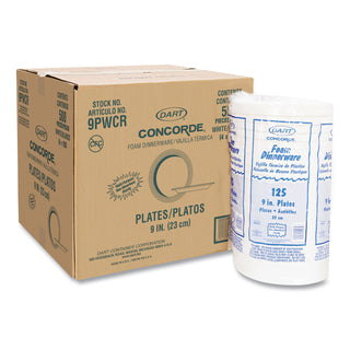 Dart® Concorde Foam Plate, 9" dia, White, 125/Pack, 4 Packs/Carton (DRC9PWCR)