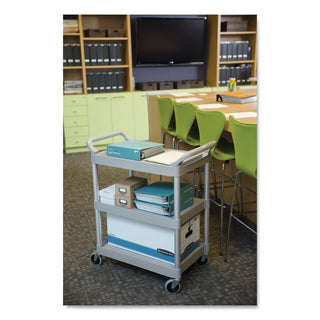 Rubbermaid® Commercial Three-Shelf Service Cart, Plastic, 3 Shelves, 200 lb Capacity, 18.63" x 33.63" x 37.75", Platinum (3424-88PL)